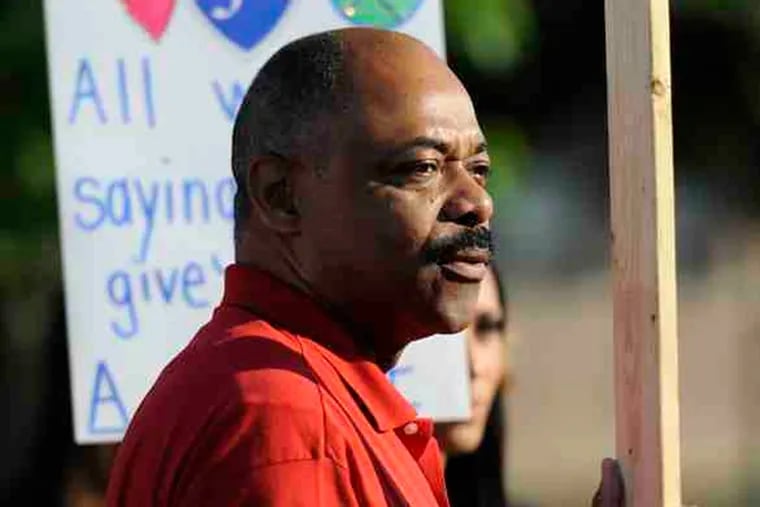Philadelphia Federation of Teachers President Jerry Jordan joins protest last week outside Mayfair Elementary over the proposed cuts.