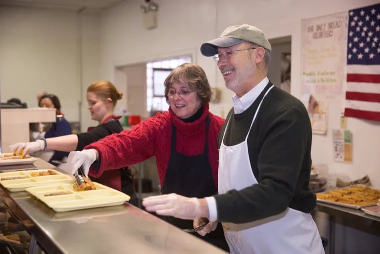 Gov. Wolf and First Lady Frances Wolf volunteer Friday at the Our Daily Bread soup kitchen in York, Pa.  The governor did not attend the annual Pennsylvania Society galas in Manhattan this weekend.