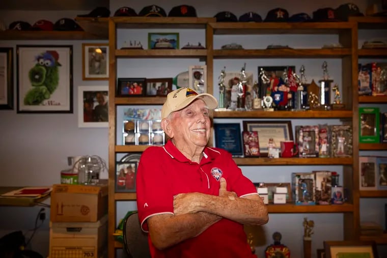 Sylvester McNamee, 94, poses for a portrait at his home in Franklinville, N.J. on Tuesday, May 28, 2024. McNamee has been to every MLB ballpark and is heading to London for the Phillies game next month.