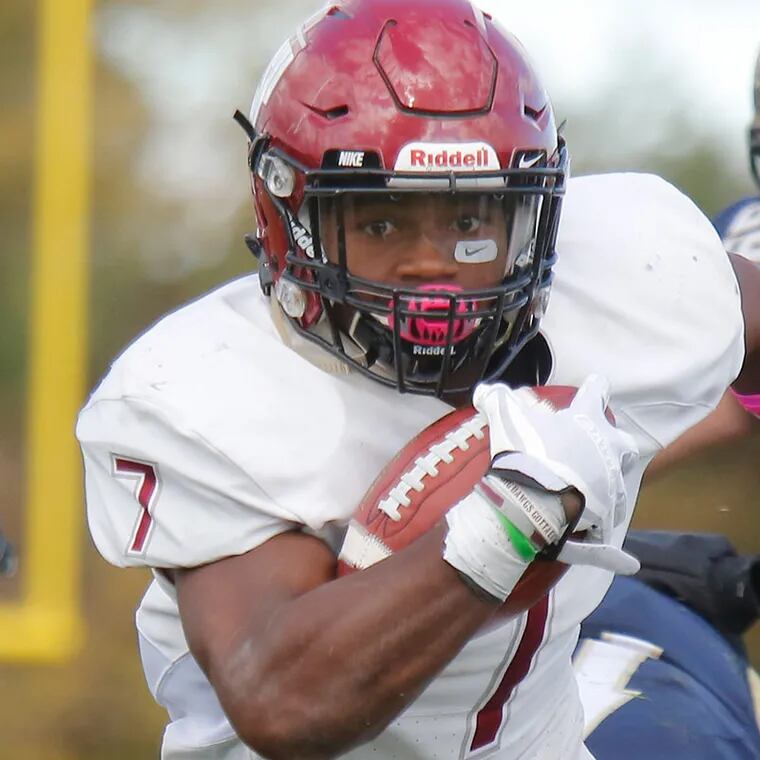 St. Joseph's Prep running back D'Andre Swift heads to the end zone in the fourth quarter for the Hawks' sixth touchdown against La Salle in a 2016 game. St. Joe’s Prep went on to win, 49-24, in a Catholic League AAAA football game at Plymouth Whitemarsh.