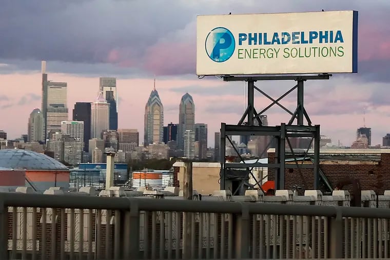 A view, from the George C. Platt Memorial Bridge, of the Philadelphia Energy Solutions refinery and the Philadelphia skyline at sunset in Phila., Pa, on October 27, 2019.