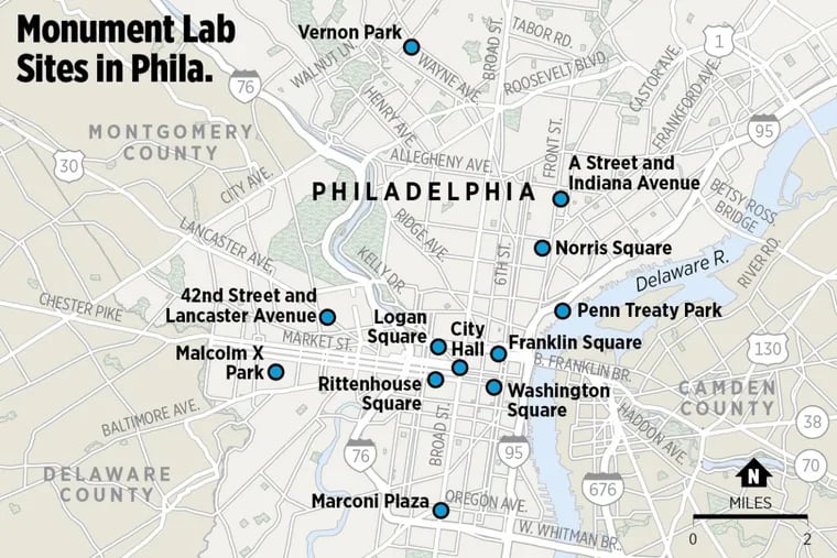 Many Monument Lab monuments are in Philadelphia’s five original squares, others in neighborhood parks and on streets