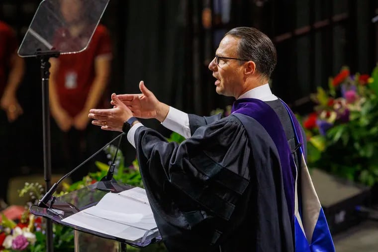 Pennsylvania Gov. Josh Shapiro giving his commencement speech at Temple University in May.