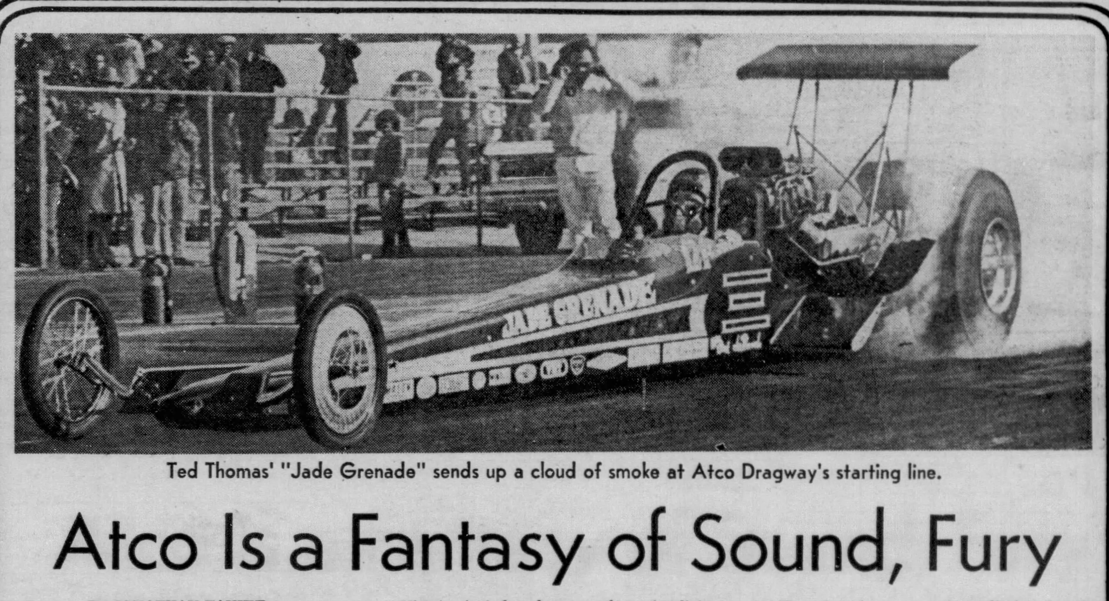A dragster prepares to take off from Atco Dragway's starting line, as shown in an April 14, 1972 edition of the Daily News.