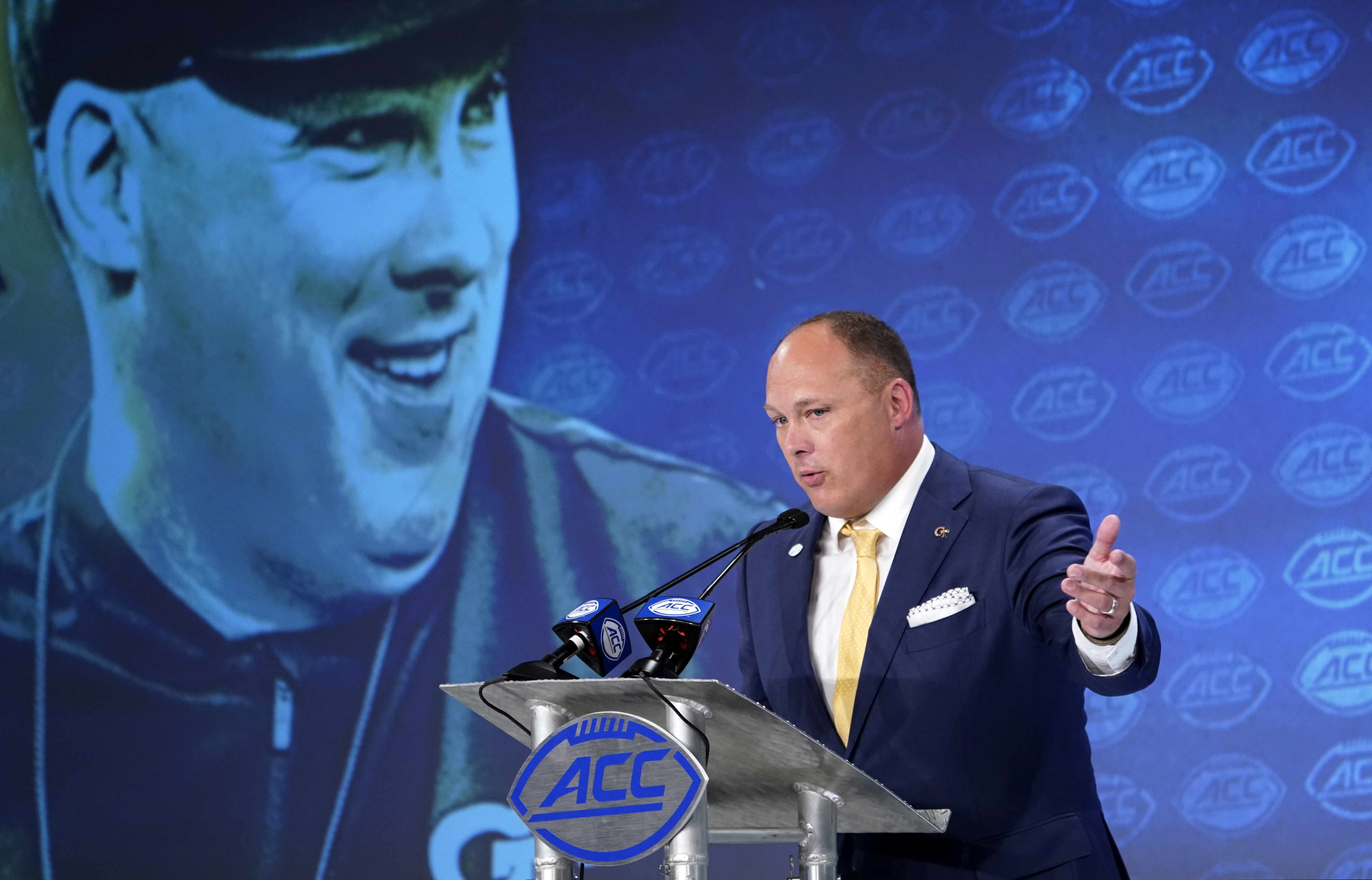 Georgia Tech head coach Geoff Collins speaks during the Atlantic Coast Conference's college football media days in Charlotte, N.C.
