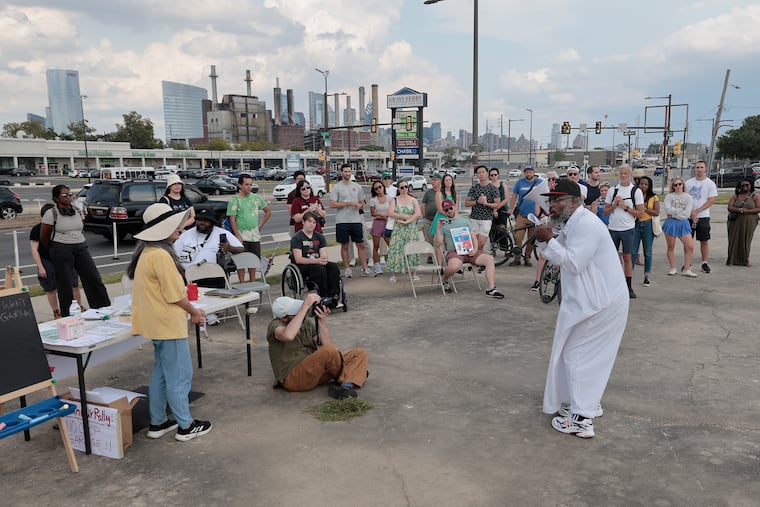 Philly Thrive co-managing director Shawmar Pitts speaks during the protest of a proposed CHOP parking garage at 3000 Grays Ferry Avenue in Philadelphia on Saturday, September 6, 2025.