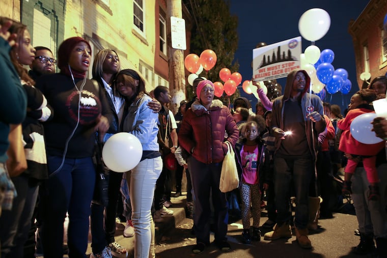 Vigil Monday night for Saleem West, 16, who was killed in barrage of bullets while riding his bike yesterday in North Philly.