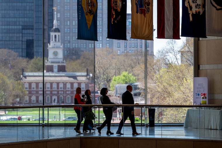 Independence Hall is seen from the Grand Hall Overlook of the National Constitution Center on April 8, 2025.