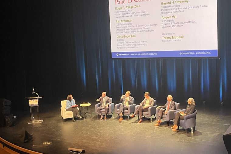 A panel at the State of the Economy annual event from the Chamber of Commerce of Greater Philadelphia on Jan. 9 at the Kimmel Center for the Performing Arts. (From left) moderator Tracey Matisak; Roger Aliaga-Díaz, global head of portfolio construction and chief economist for the Americas at Vanguard; Roc Armenter, executive vice president and director of research for the Federal Reserve Bank of Philadelphia; Chris Goodchild, managing director and senior partner at Boston Consulting Group; Gerard Sweeney, president, CEO and trustee of Brandywine Realty Trust; Angela Val, president and CEO of Visit Philadelphia.