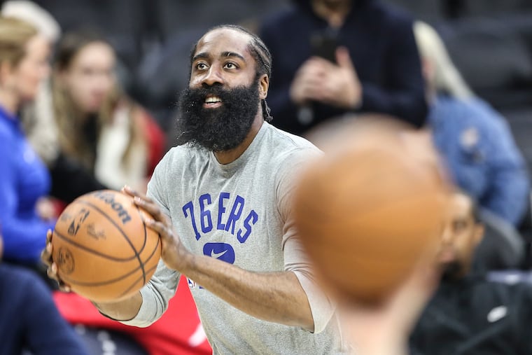 Sixers James Harden warms up for the first time at home before his game with the Knicks at the Wells Fargo Center in Philadelphia, Wednesday, March 2, 2022.