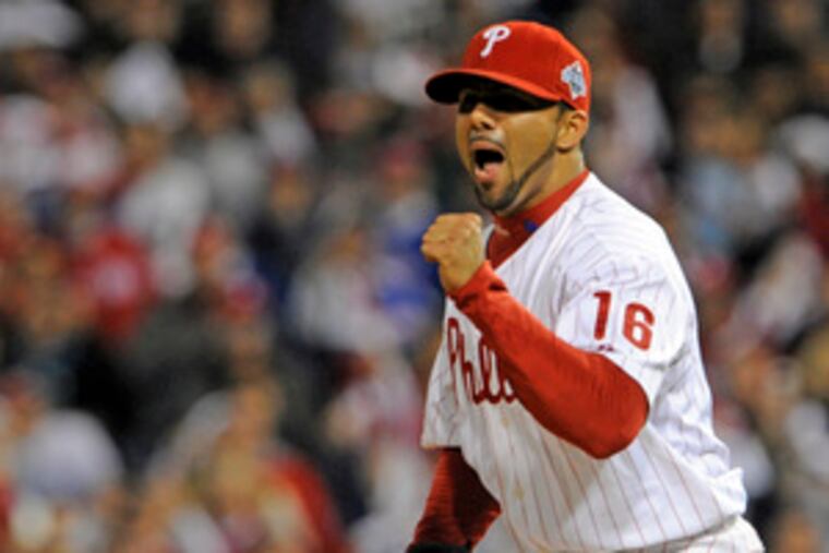 Phillies' J.C. Romero reacts after last out of game.