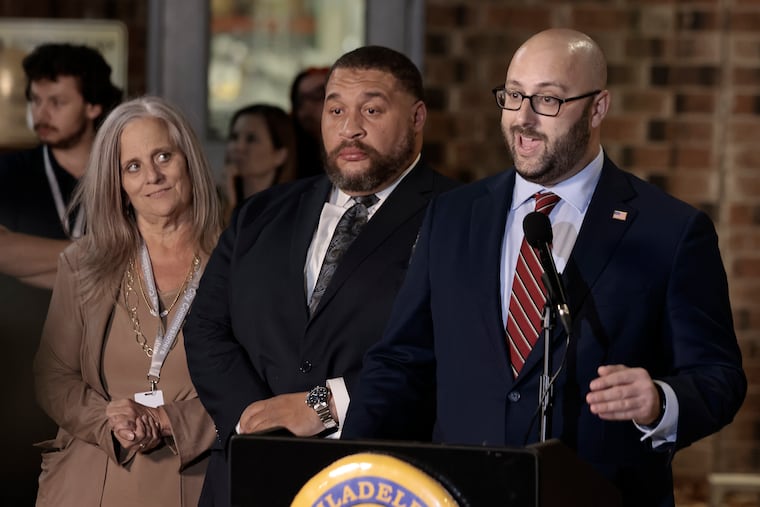 (L-R) City Commissioners Lisa Deeley, Omar Samir and Seth Bluestein give election updates to the media at Philadelphia’s election warehouse on Roosevelt Blvd. on Tuesday, November 5, 2024.