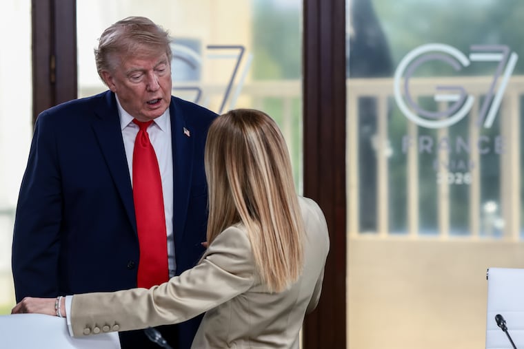 President Donald Trump speaks with Italian Prime Minister Giorgia Meloni at a working lunch with leaders of G7 and the Middle East in Evian-les-Bains, France, Tuesday, June 16, 2026.
