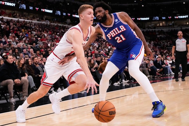 Bulls guard Kevin Huerter drives on Sixers center Joel Embiid, who was attacked often on defense.