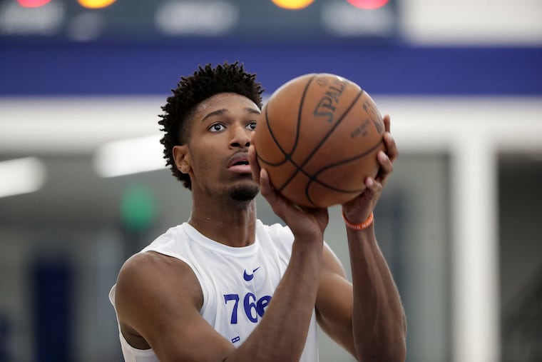 Kyle Alexander takes a free throw as the Sixers hold a predraft workout at their training facility in Camden.