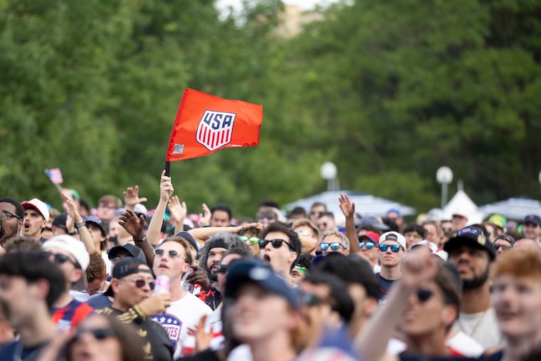 A USA FIFA flag seen in the crowd as USA vs Australia play today in the FIFA World Cup at the FIFA Fan Festival at Lemon Hill Park in Philadelphia, Pa., on Friday, June 19, 2026.