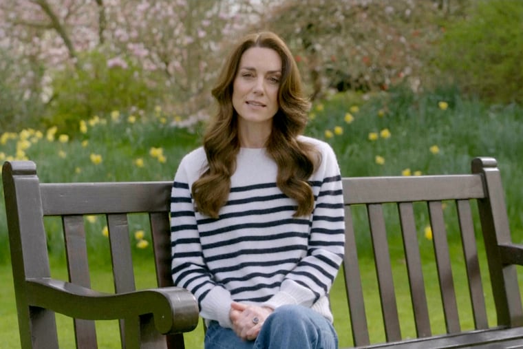 This grab taken from a video released by BBC Studios on Friday, March 22, 2024, shows Britain's Catherine, Princess of Wales, recording a message announcing that following her abdominal surgery in January, "tests after the operation found cancer had been present." Kate said that she has cancer and is undergoing chemotherapy.