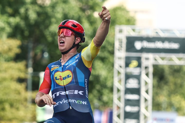 Tim Torn Teutenberg crosses the finish line to win the men’s race in Sunday's Philadelphia Cycling Classic.