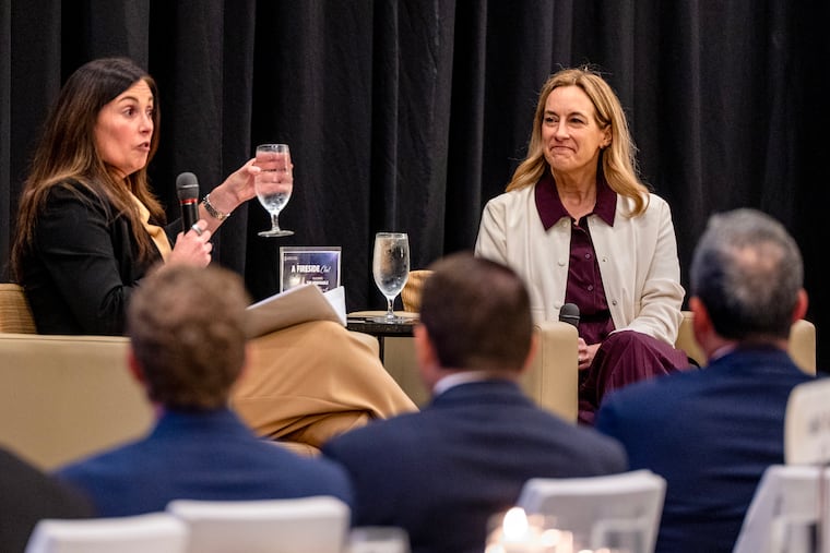 Gov. Mikie Sherrill is introduced by Chamber of Commerce of Southern New Jersey President & CEO Christina M. Renna as she meets with the South Jersey business community for a fireside chat event hosted by the Chamber in Mt. Laurel Monday, Mar. 16, 2026.