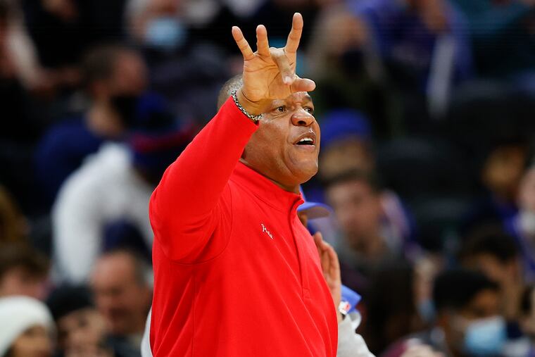 Sixers Head Coach Doc Rivers signals to his team during the fourth quarter against the Atlanta Hawks on Thursday, December 23, 2021 in Philadelphia.