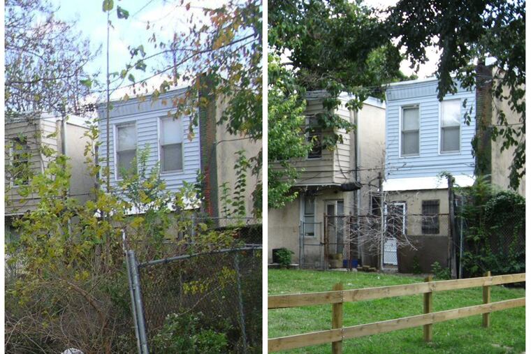 A photo composite shows 2301 N. Gratz St. in North Philly before and after it was renovated by the Pennsylvania Horticultural Society.