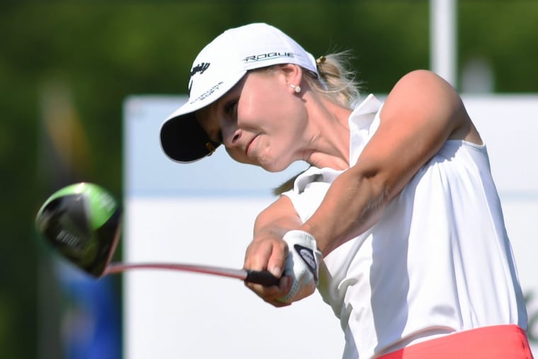 Louise Ridderstrom hits a drive from the first tee in the final round of the LPGA Symetra Tour Saturday, May 26, 2018 in Pottstown, Pa.