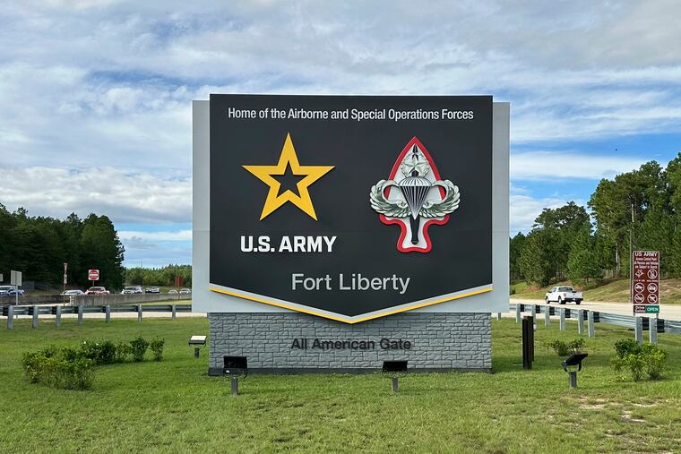 Vehicles pass a sign for Fort Liberty, an Army installation near Fayetteville, N.C., in 2024. The name was changed from Fort Bragg in 2023, but Defense Secretary Pete Hegseth signed an order in February changing it back, purportedly in honor of World War II veteran Roland L. Bragg of Maine. But since it was originally named for Confederate Gen. Braxton Bragg, Paul L. Newman writes that the renaming is a feint.