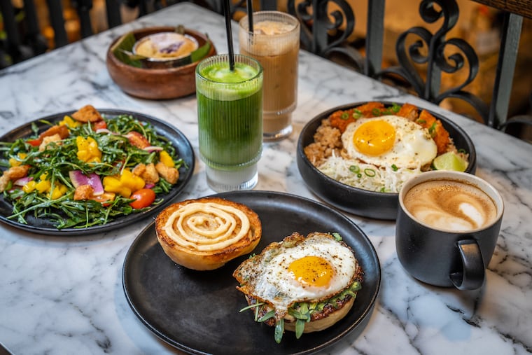 Mango arugula salad, crispy jowa, shaken espresso, matcha coconut latte, and a latte at Baby's Kusina.