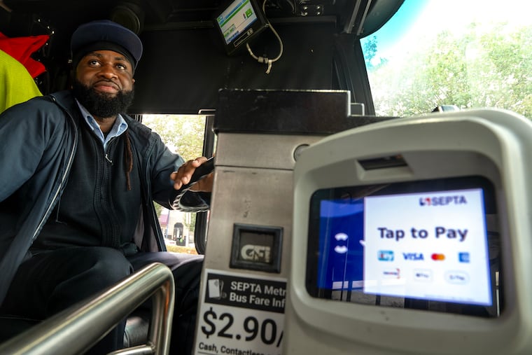 SEPTA bus driver Neil Johnson on the Rt. 21 bus from Center City to the 69th Street Terminal in September.