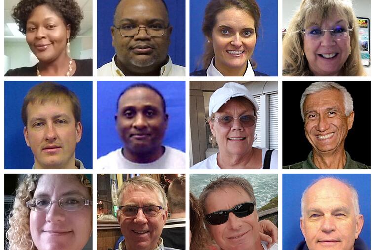 This combination of photos provided by the City of Virginia Beach on Saturday, June 1, 2019 shows victims of Friday's shooting at a municipal building in Virginia Beach, Va. Top row from left are Laquita C. Brown, Ryan Keith Cox, Tara Welch Gallagher and Mary Louise Gayle. Middle row from left are Alexander Mikhail Gusev, Joshua O. Hardy, Michelle "Missy" Langer and Richard H. Nettleton. Bottom row from left are Katherine A. Nixon, Christopher Kelly Rapp, Herbert "Bert" Snelling and Robert "Bobby" Williams. (Courtesy City of Virginia Beach via AP)