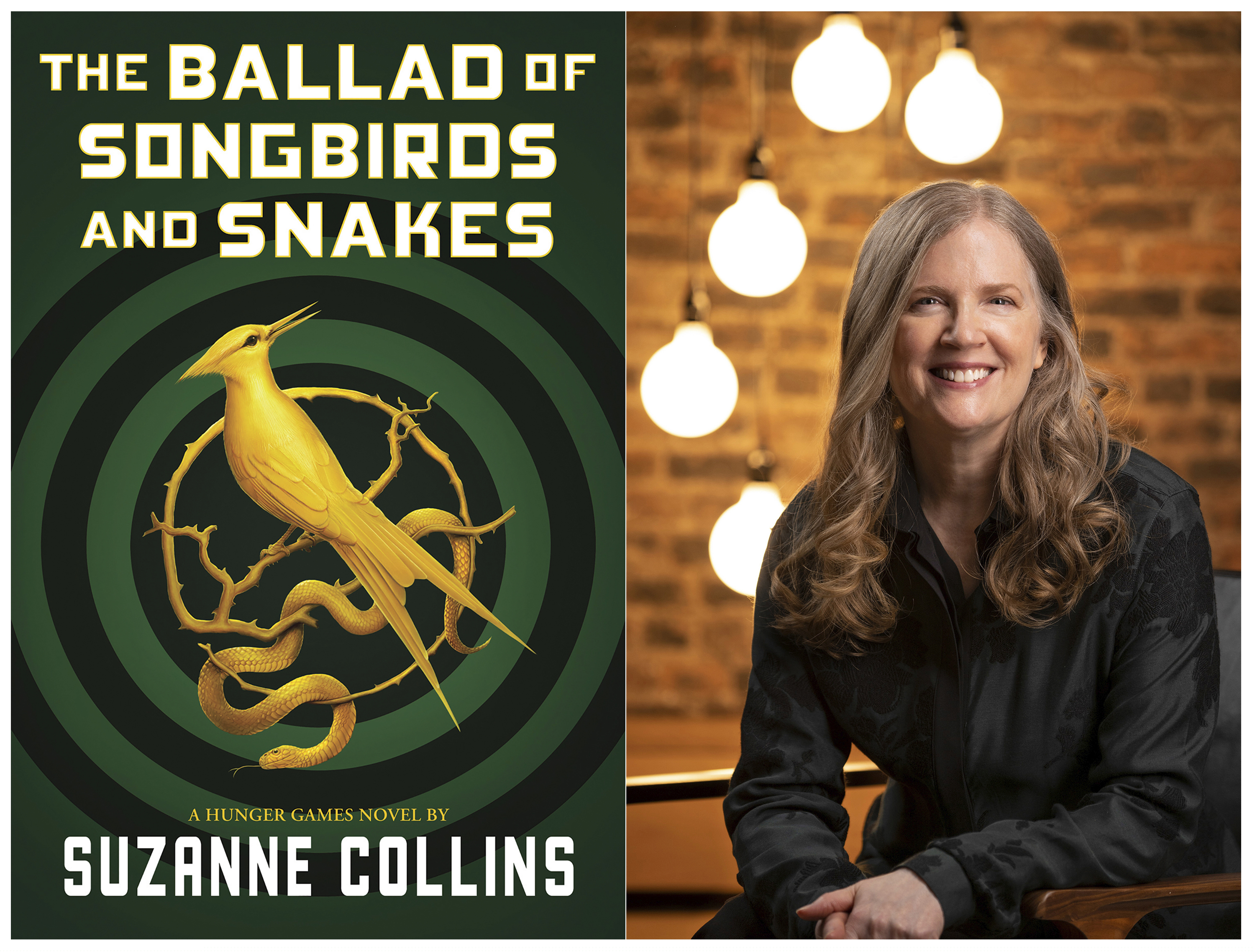 This combination of images released by Scholastic shows the cover image for "The Ballad of Songbirds and Snakes," by Suzanne Collins, left, and a portrait of Collins. The "Hunger Games" novel will be released on May 19.