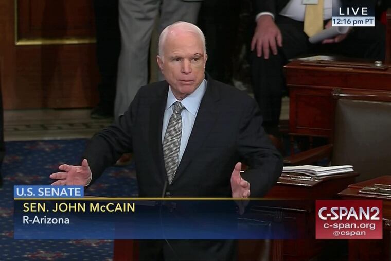 In this image from video provided by C-SPAN2, Sen. John McCain, R-Ariz. speaks the floor of the Senate on Capitol Hill in Washington, Tuesday, July 25, 2017. McCain returned to Congress for the first time since being diagnosed with brain cancer. (C-SPAN2 via AP)