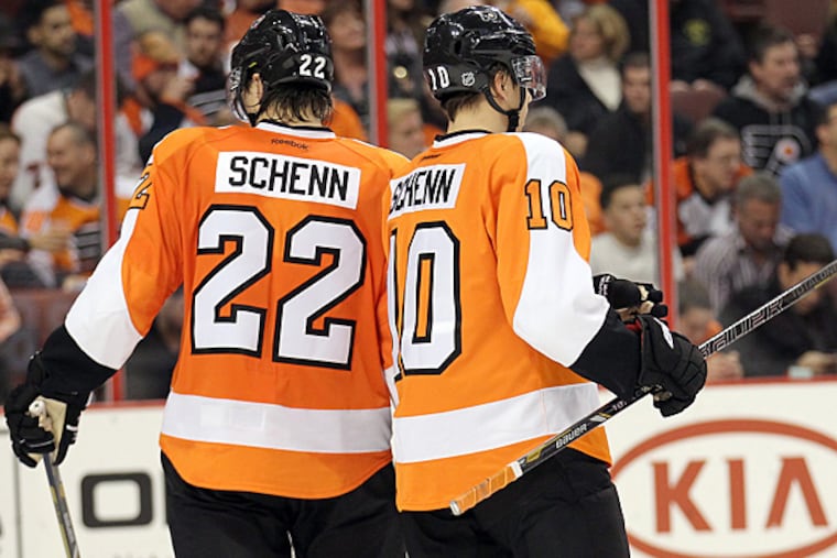Flyers defenseman Luke Schenn (left) and forward Brayden Schenn (right). (Yong Kim/Staff Photographer)