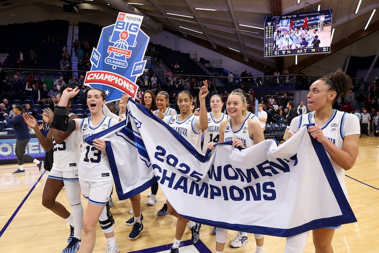 The Villanova Wildcats celebrate after winning the Big 5 Women’s Basketball Championship against Saint Joseph's Hawks, 76-70, at Finneran Pavilion on Sunday, Dec. 7, 2025, in Philadelphia.