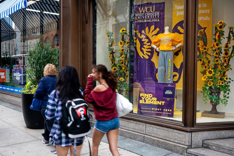 Display window for the Philadelphia Center of West Chester University in the Lits Building on East Market Street in Center City Aug. 21, 2025. WCU Philadelphia campus offers programs of study within three different colleges: Business and Public Management; Health Sciences; and Education and Social Work, with part-time undergraduate and graduate programs specifically designed for adult learners.