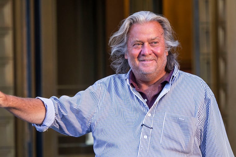 President Donald Trump's former chief strategist Steve Bannon leaves federal court in New York Thursday, Aug. 20, 2020, after pleading not guilty to charges that he ripped off donors to an online fundraising scheme to build a southern border wall.
