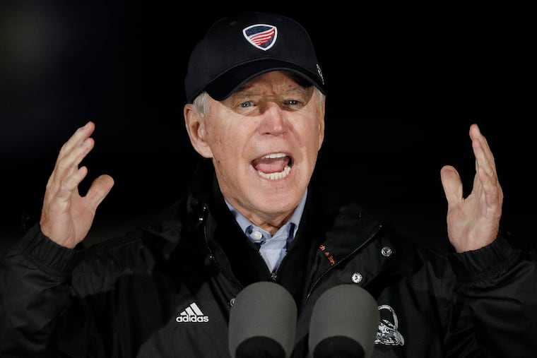 Democratic presidential nominee Joe Biden speaks during a drive-in rally Sunday at FDR Park in Philadelphia.