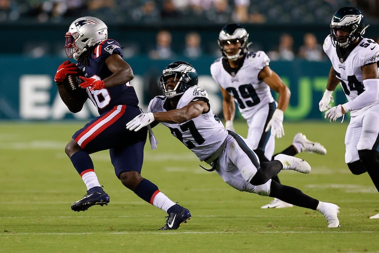 Eagles cornerback Zech McPhearson lunged for Patriots running back Rhamondre Stevenson during a preseason game last Thursday.