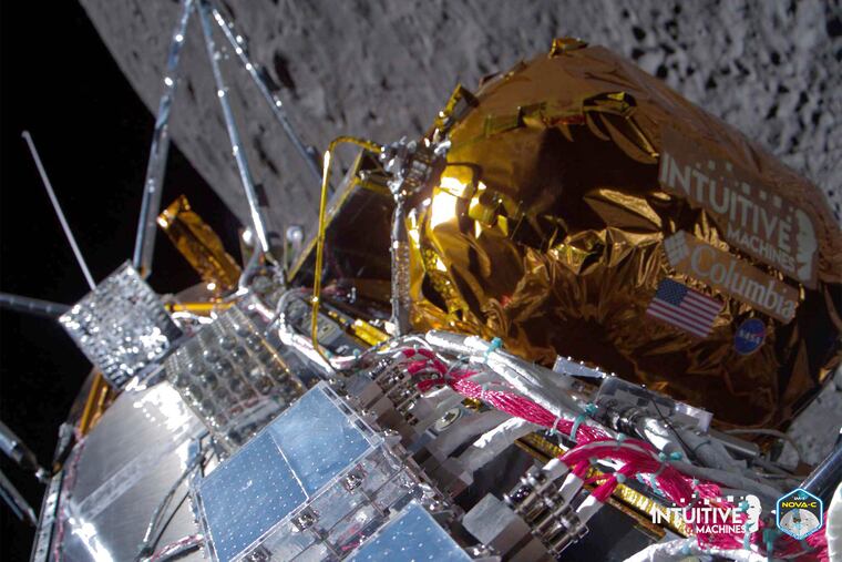 This image provided by Intuitive Machines shows its Odysseus lunar lander over the near side of the moon following lunar orbit insertion on Wednesday.