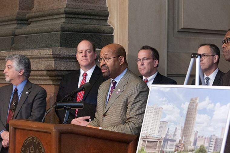 Mayor Michael Nutter held a press conference at city hall this morning to announce that the church plans to expand its building plans at 16th and Vine in Philadelphia Wenesday, February 12, 2014. Behind Mayor Nutter, left to right, is Alan Greenberger, Deputy Mayor for Economic Development and Director of Commerce, Michael Marcheschi, Real Estate Manager for the Mormon Church, Thomas King, Director of Investment Transactions for the Church, Architect Paul Whalen and City Council President Darrell Clarke. ( Ed Hille / Staff Photographer)