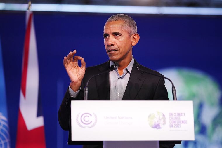Former US President Barack Obama speaks at the COP26 on Monday in Glasgow, Scotland.
