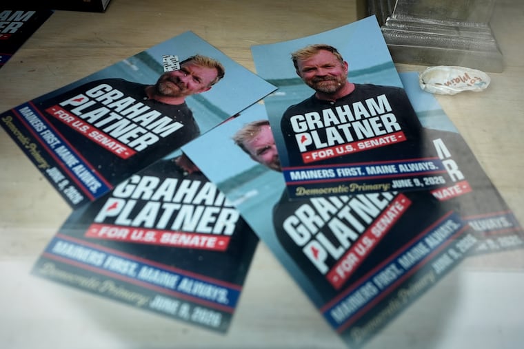 Campaign flyers for former Democratic candidate for U.S. Senate Graham Platner are seen at his headquarters Thursday, July 9, 2026, in Ellsworth, Maine.