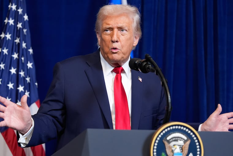 President Donald Trump speaks during a news conference Monday at Mar-a-Lago in Palm Beach, Fla.