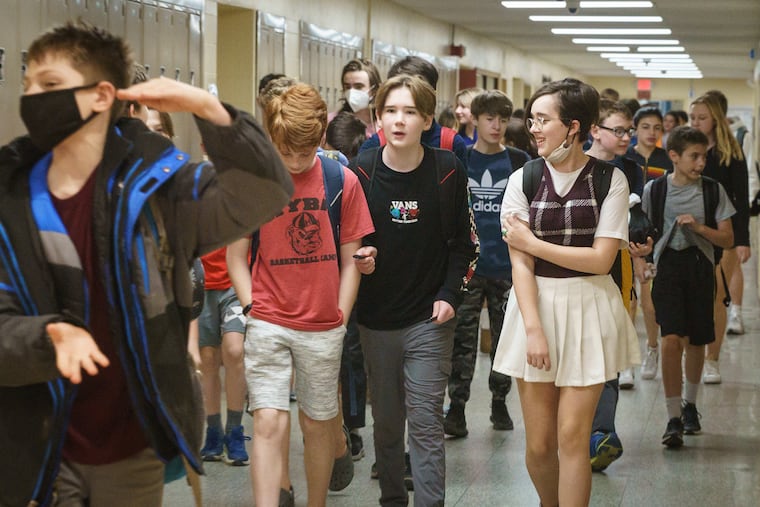 Students in the hallway at Haddonfield Middle School on Monday, the first day of the end of the mask mandate.