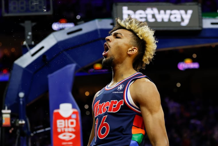 Sixers Charlie Brown Jr., yells after getting fouled by against the San Antonio Spurs on Friday, January 7, 2022 in Philadelphia. Brown made the basket after getting fouled on the play.
