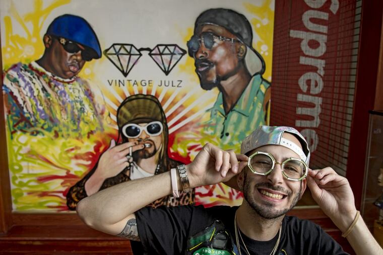 Julz, a.k.a. Julian Emami, in a pair of $2,000 Dior vintage sunglasses from 1986, in his store Vintage Julz on South Street.