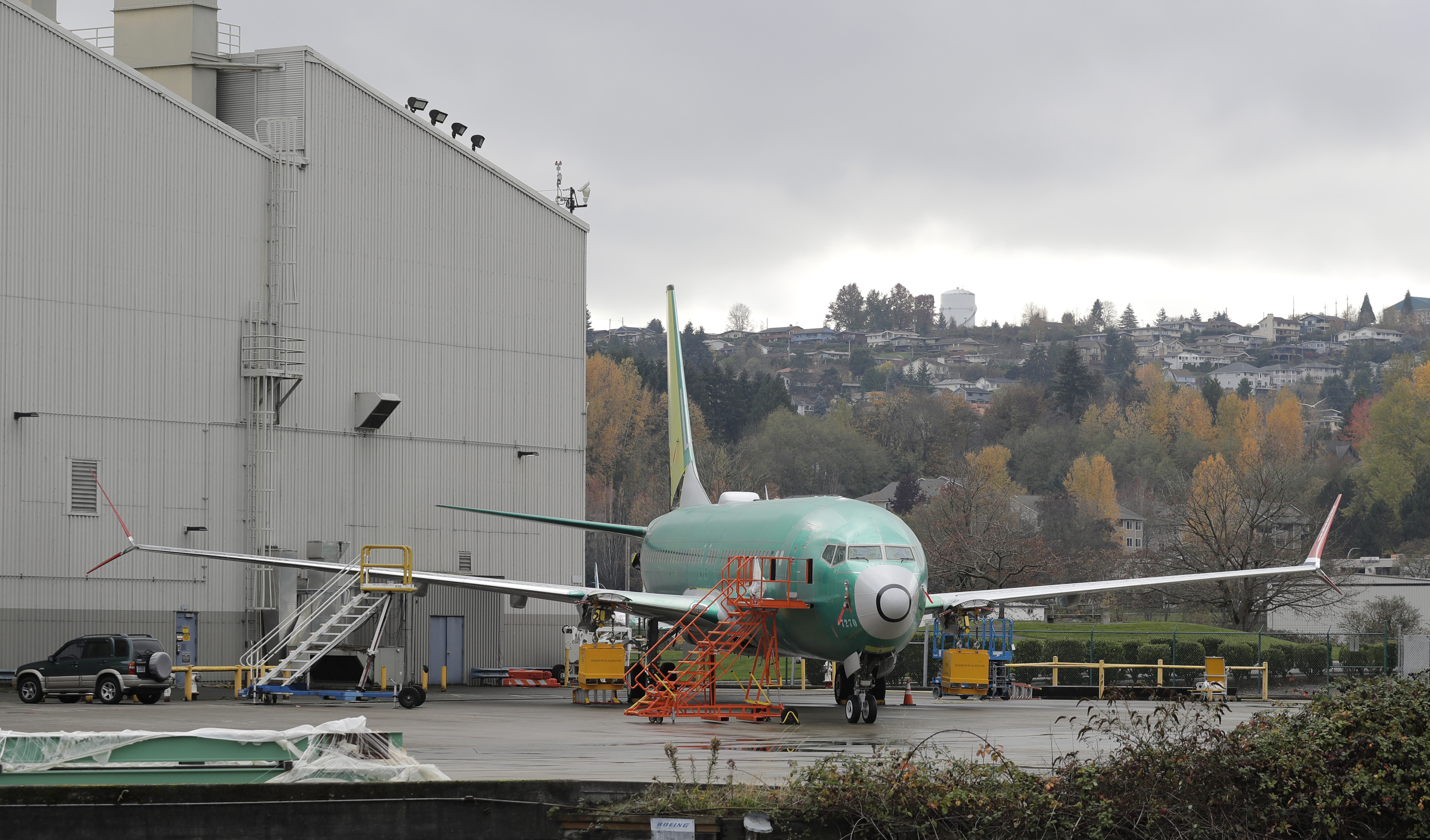 A Boeing 737-MAX 8 is parked outside Boeing Co.'s 737 assembly facility in Renton, Wash.