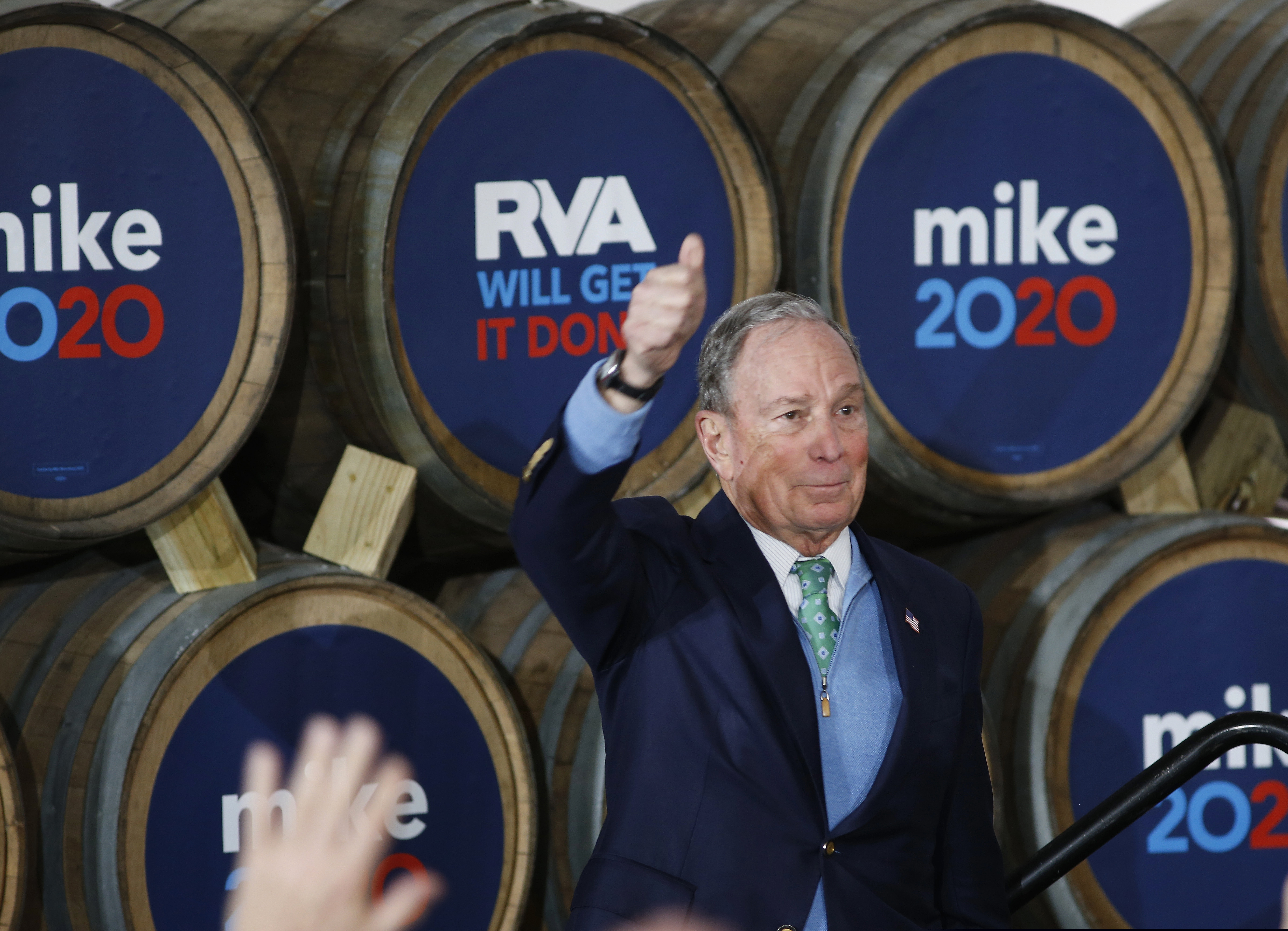 Democratic presidential candidate Mike Bloomberg gives his thumbs-up after speaking during a campaign event at Hardywood Park Craft Brewery in Richmond, Va., on Saturday.