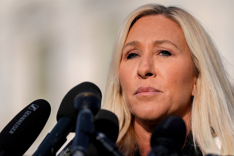 FILE - Rep. Marjorie Taylor Greene, R-Ga., speaks during a news conference on the Epstein Files Transparency Act, Nov. 18, 2025, outside the U.S. Capitol in Washington.