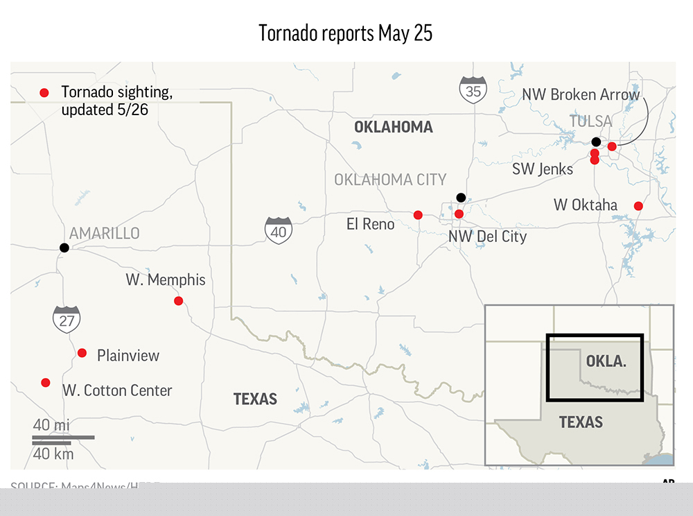 A suspected twister hit El Reno, which is just west of Oklahoma City, on Saturday night as a powerful storm system rolled through the state.;